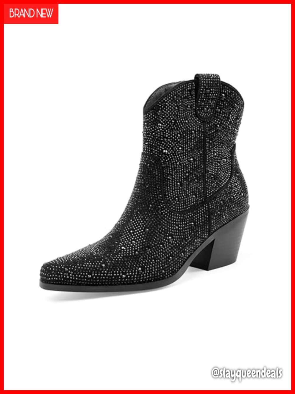 Sparkly Rhinestone Cowboy Ankle Boots Pointed Toe Block Heel Western Booties